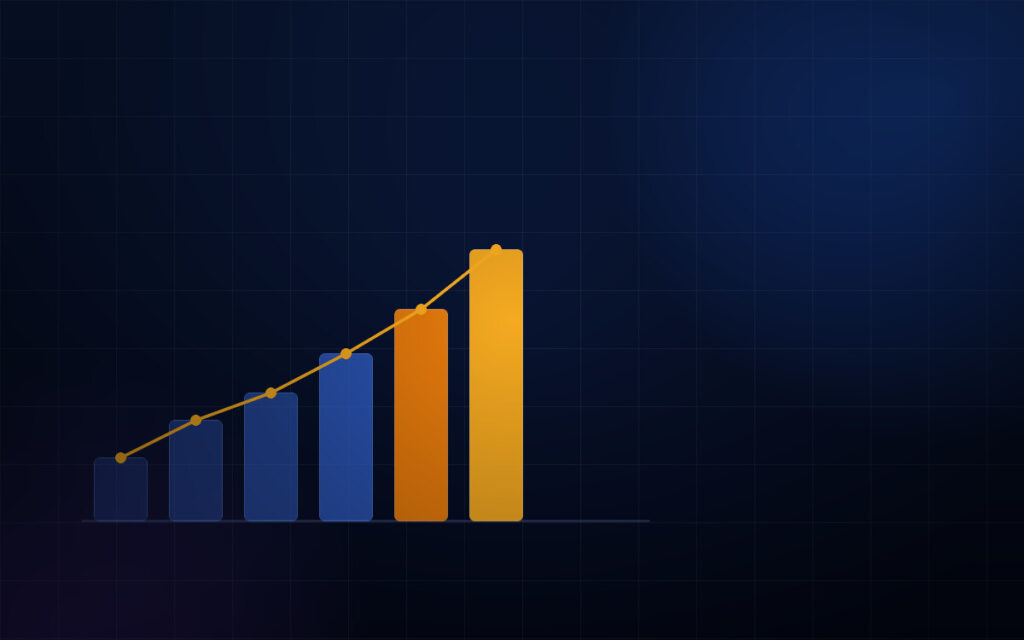 Ascending campaign performance chart on a dark navy field