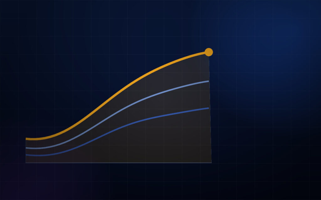 Layered performance curves on a dark navy field